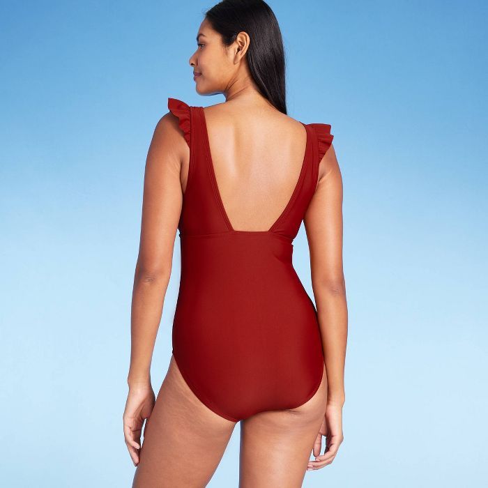 Women&#39;s Ruffle Shoulder High Coverage One Piece Swimsuit - Kona Sol&#8482; Bold Burgundy XS | Target