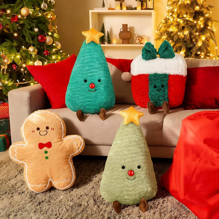 4pcs Christmas Throw Pillow Set Xmas Decoration Cute Xmas Tree Gingerbread Man Gift Box Shaped Pl... | Amazon (US)