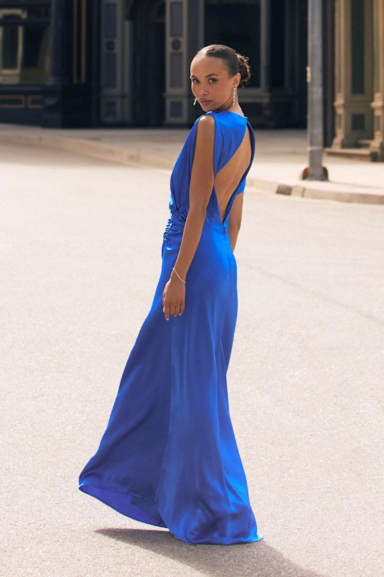 Marybeth Royal Blue Satin Open-Back Maxi Dress | Lulus