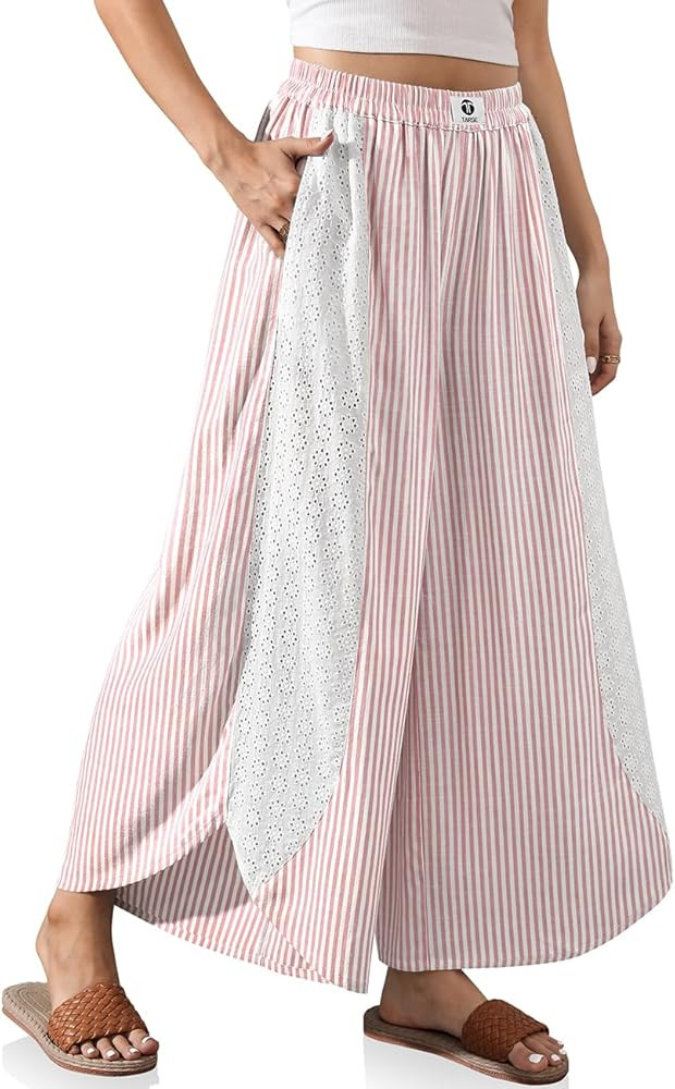 TARSE Womens Wide Leg Striped Boho Palazzo Pants with Lace Panel Summer Loose Elastic Waist Beach... | Amazon (US)