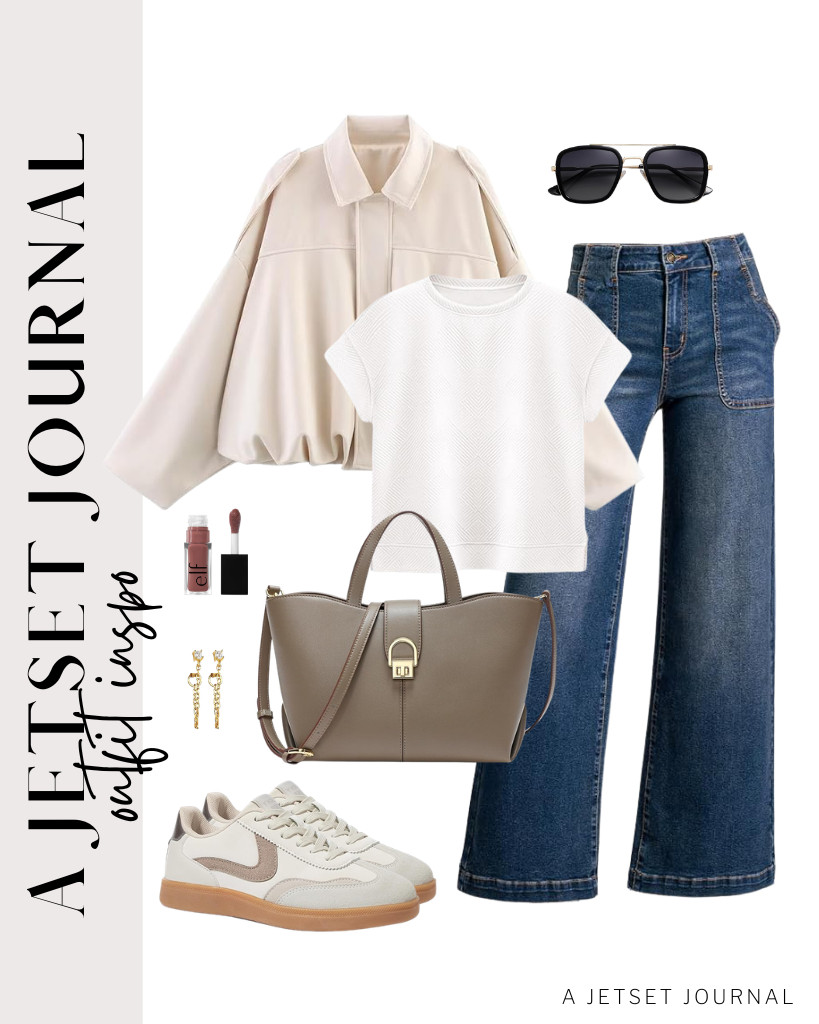 Choose a beige cropped jacket, a simple short-sleeve top, and wide-leg pants for the first outfit. It looks good with a top-handle leather crossbody bag and these SOJOS sunnies. 

 #LTKSeasonal #LTKSaleAlert #LTKTravel