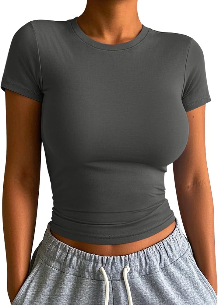 ATHMILE Womens Basic T-Shirts Going Out Crop Tops Tight Slim Fit Cute Teen Girls Short Sleeve/Lon... | Amazon (US)