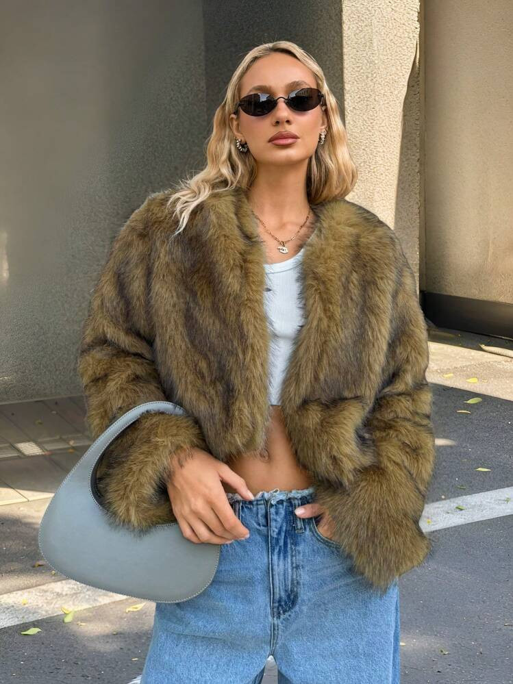 SHEIN EZwear Women's Solid Color Long Sleeve Short Fluffy Collar Casual Jacket For Winter | SHEIN