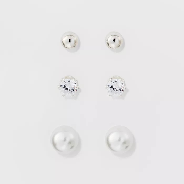 Stud Earring Set 3ct - A New Day™ Silver/White | Target