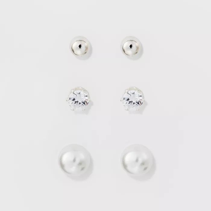 Stud Earring Set 3ct - A New Day™ Silver/White | Target