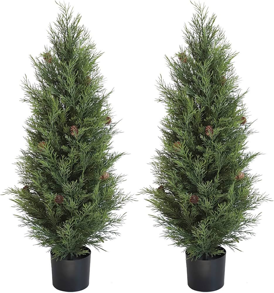 UV Resistant 3ft Artificial Cedar Topiary Trees Faux Cedar Bush with Pine Cone Indoor&Outdoor use... | Amazon (US)
