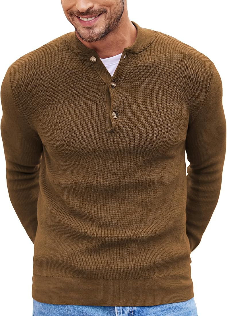 COOFANDY Men Henley Knit Sweater Dress Long Sleeve Button Pullover Sweater Casual Sweater | Amazon (US)