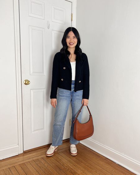 Black sweater jacket (XS)
White tank top (XS)
High waisted straight jeans (4P)
Brown bag
White loafers (TTS)
White chunky loafers
Smart casual outfit
Ann taylor outfit
Neutral outfit
Spring outfit


#LTKworkwear #LTKfindsunder100 #LTKSeasonal