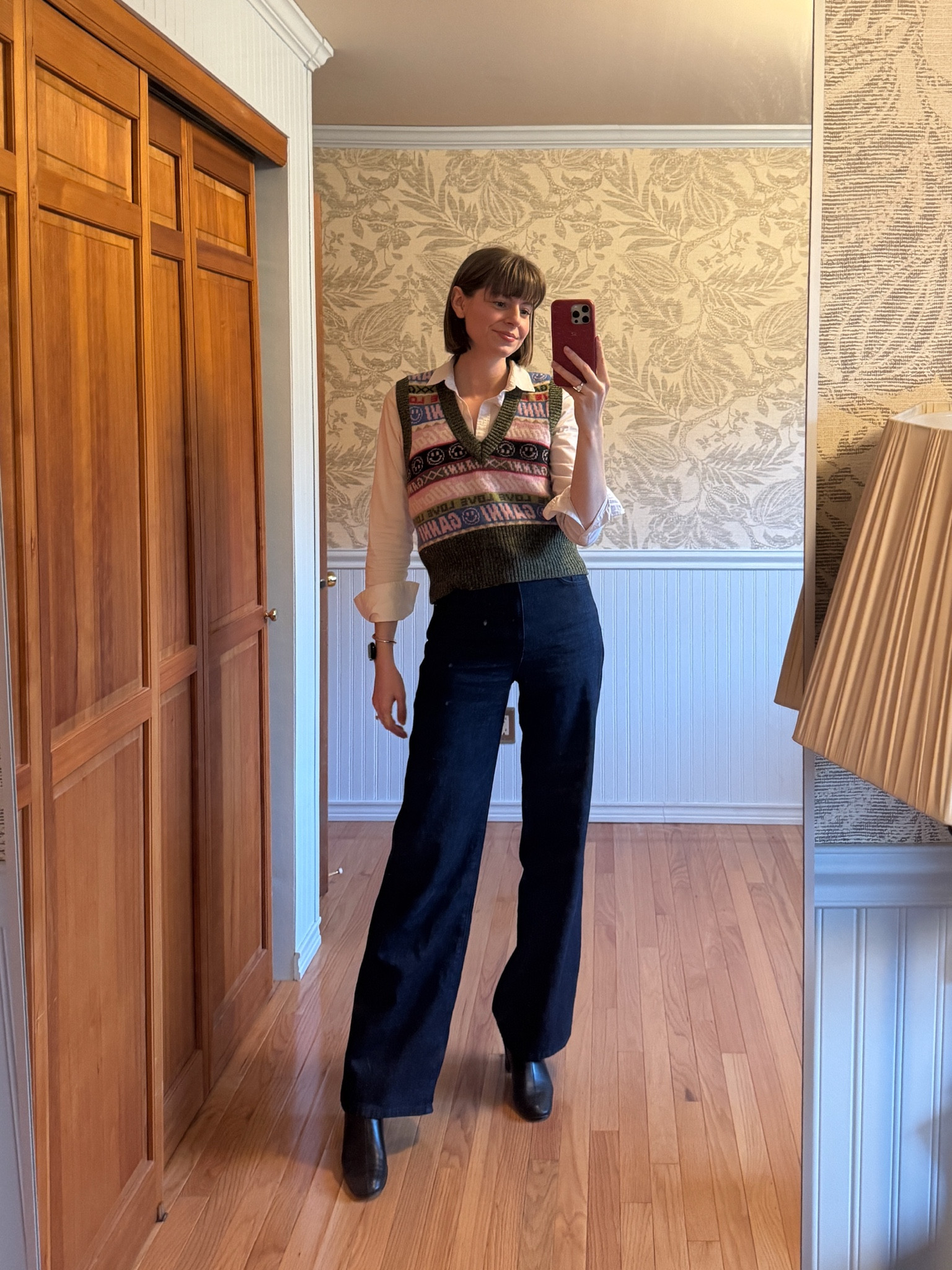 Ganni vest
Fair-isle sweater
Sézane denim
Everlane day boot
Corporate casual outfit
Women in STEM