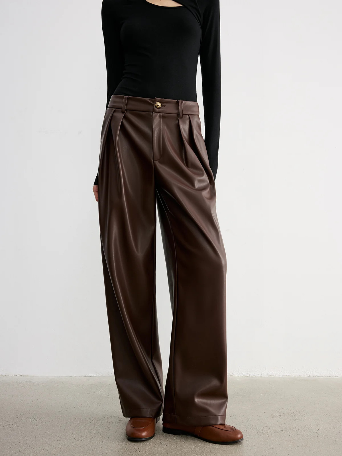 Mid-Waist Faux Leather Wide-Leg Pants | Commense