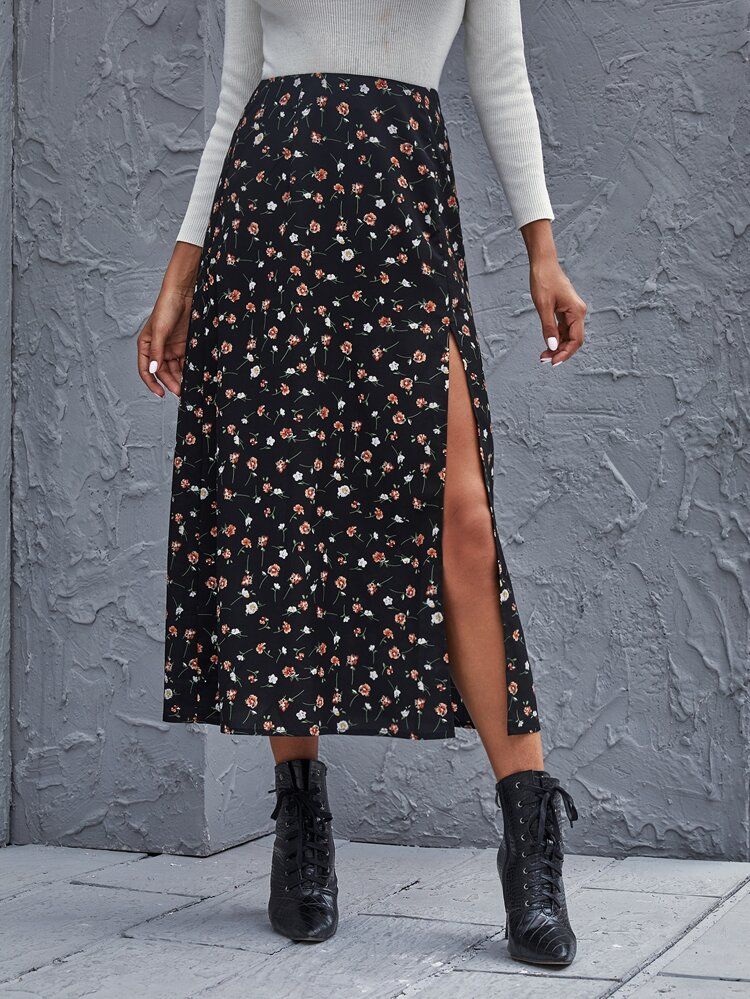 Ditsy Floral High-Slit Midi Skirt | SHEIN