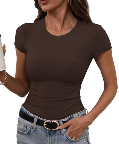 GEMBERA Womens' Stretchy High Neck Short Sleeve Shirts Slim Fitted Casual Basic Top T-Shirt Brown M | Amazon (US)