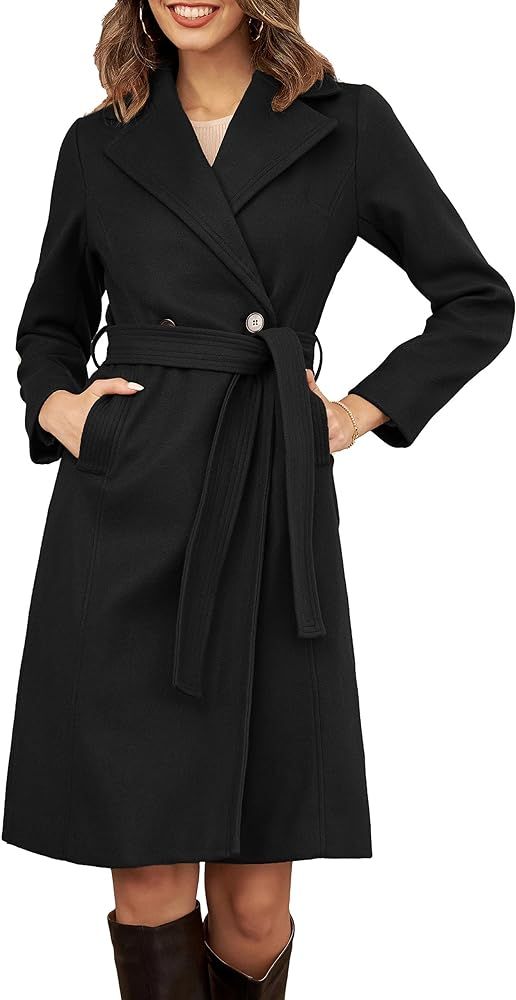 GRACE KARIN Women's Notched Lapel Double Breasted Pea Coat Mid-Long Wool Blend Over Coats with Be... | Amazon (US)