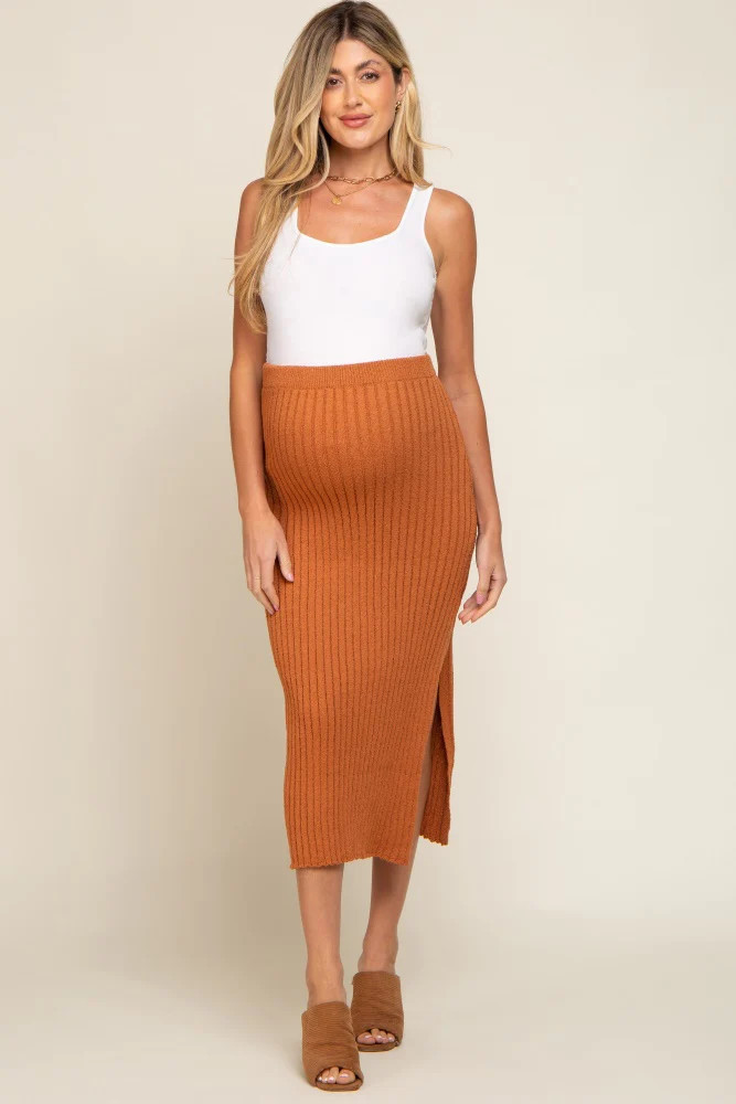 Camel Ribbed Side Slit Sweater Maternity Midi Skirt | PinkBlush Maternity