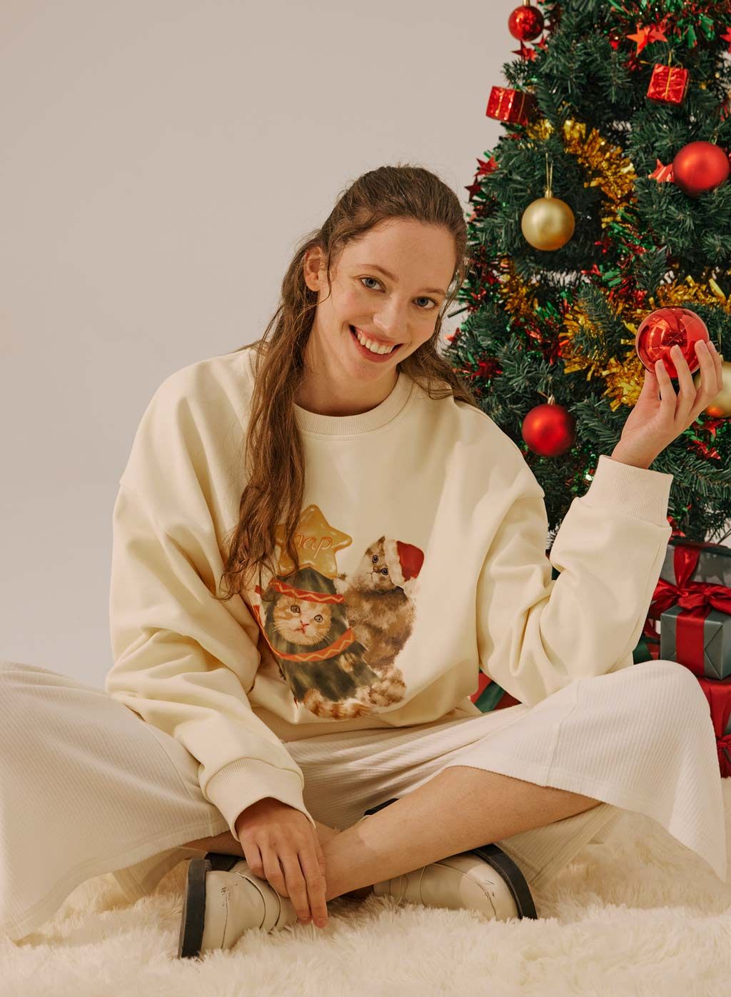 Christmas Cats Print Cotton Sweatshirt | NAP Loungewear