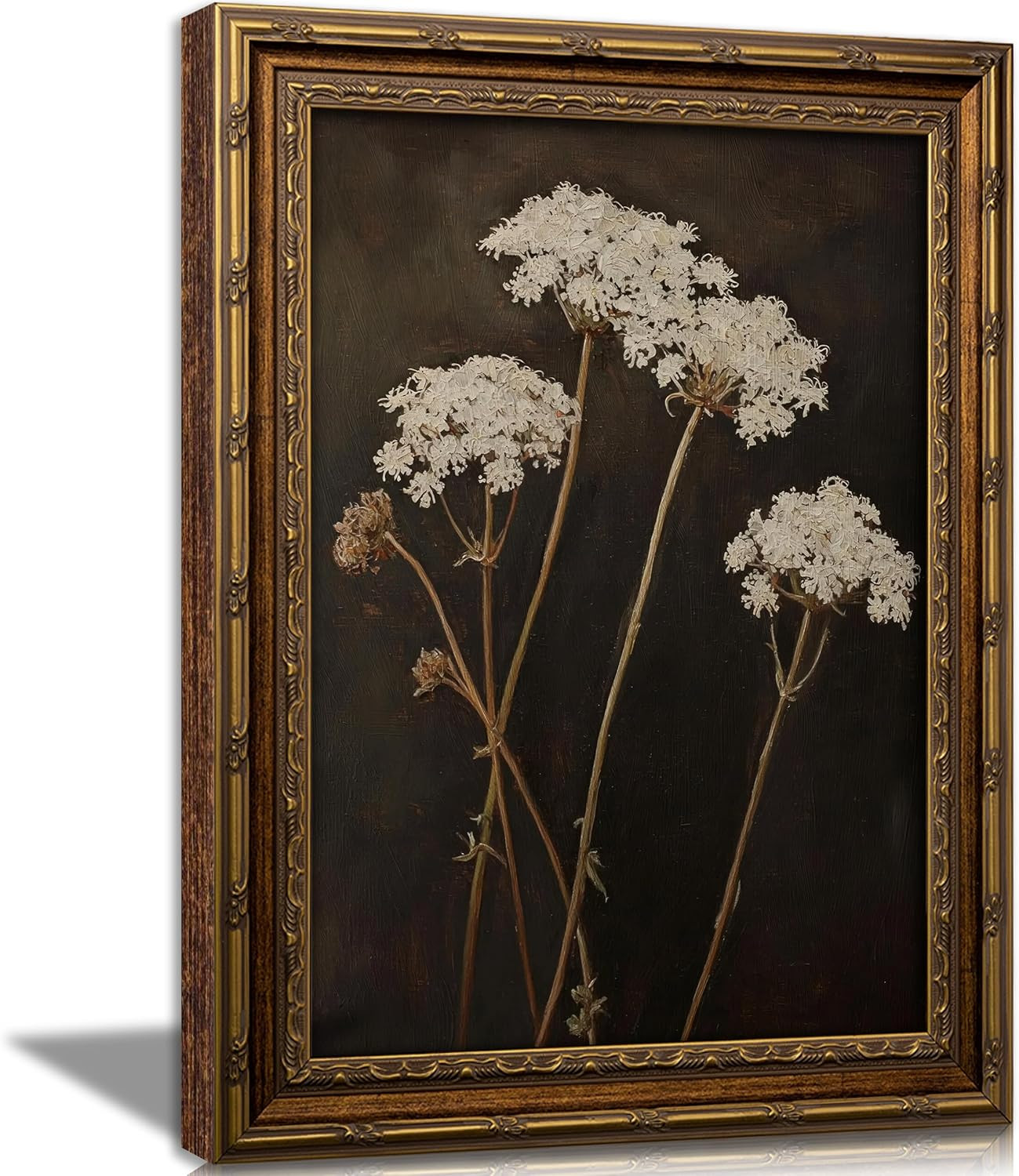Vintage Gold Framed Moody Botanical Wall Art Dark Dried Floral Wall Decor Retro White Wildflower Poster Queen Anne’s Lace Flower Print Artwork Minimalist Plant Wildflower Painting 9X11inch | Amazon (US)