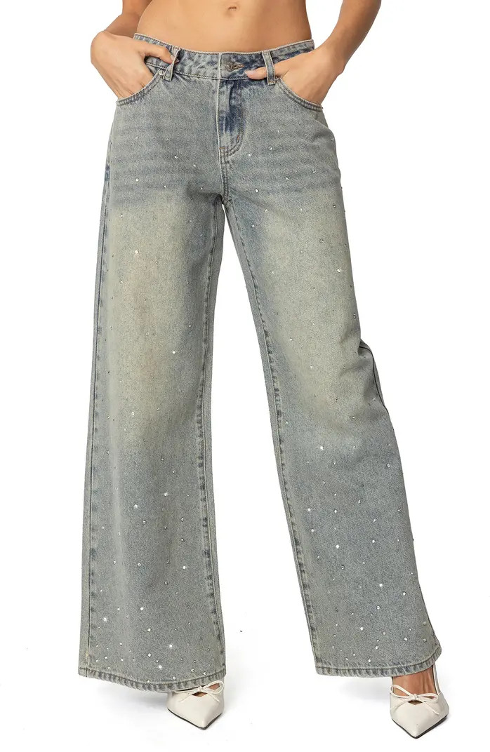 Low Rise Rhinestone Wide Leg Jeans | Nordstrom