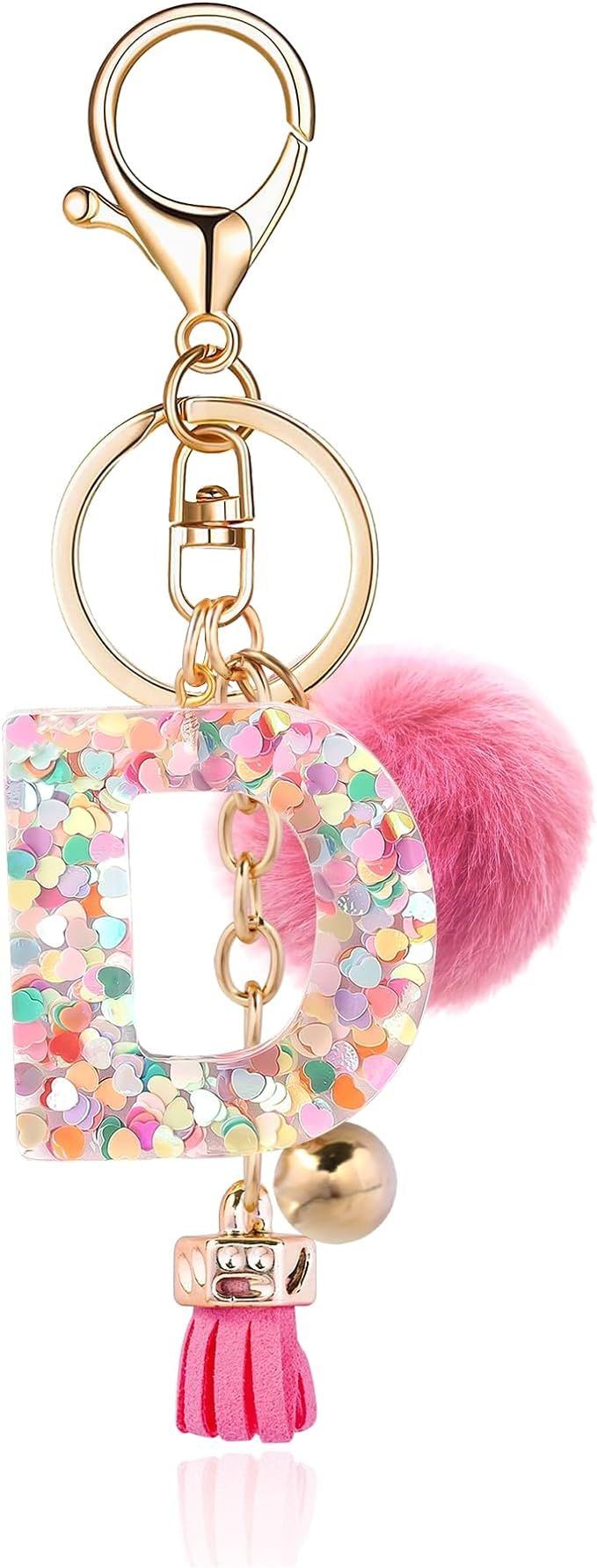 Resin Alphabet Initial Letter Keychain Keyring for Women Purse Handbags With Fur Ball Pom | Amazon (US)