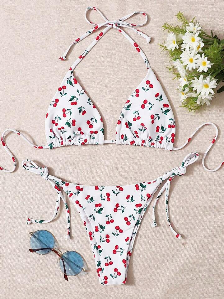 Swim Mod Summer Beach Cherry Print Triangle Tie Side Bikini Set | SHEIN