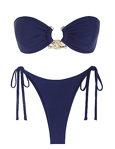 ZAFUL Sexy Strapless Bandeau Bikini Metal Hardware Ring Tie Side String Shiny Bikini Swimwear Deep Blue L | Amazon (US)