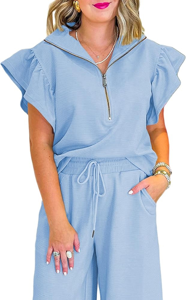 SELINK Two Piece Sets for Women Summer Outfits Ruffle Cap Sleeve Zip Top Wide Leg Pants Lounge Se... | Amazon (US)