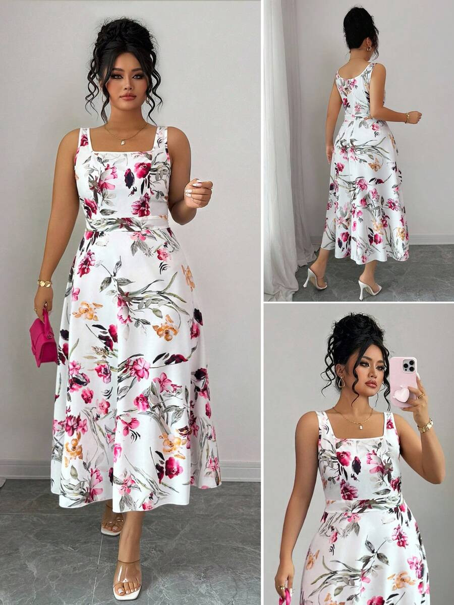 Elenzga Plus Size Floral Print Square Neck Sleeveless Dress | SHEIN
