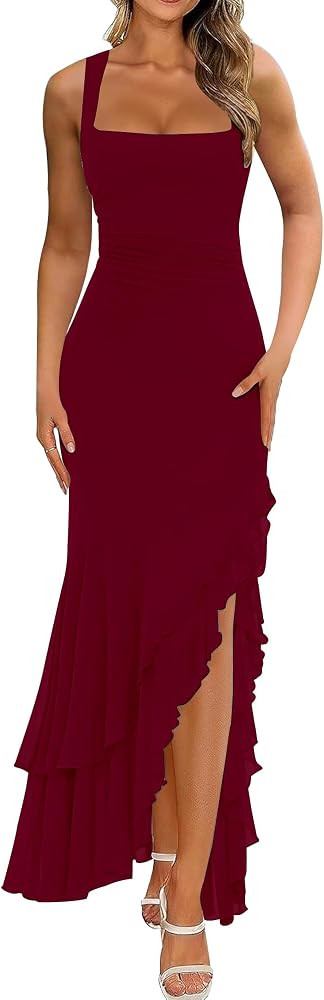 BORIFLORS Women's Elegant Bodycon Ruched Maxi Cocktail Dress Mesh Sleeveless Mermaid Ruffle Beach... | Amazon (US)
