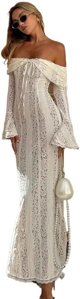 Women's Off Shoulder Lace Maxi Dress Elegant Mermaid Cocktail Party Dress with Flare Sleeves for ... | Amazon (US)