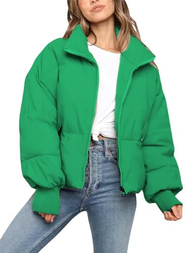 UANEO Puffer Jacket Womens Oversized Cropped Puffy Quilted Winter Jackets Coat (Emerald-XS) | Amazon (US)