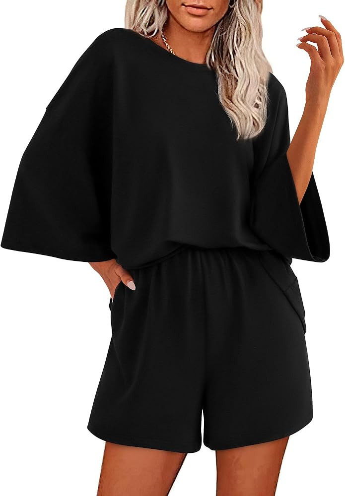 BTFBM Women Summer 2 Piece Outfits 2025 Matching Set Casual 3/4 Sleeve Tops Elastic Waist Shorts ... | Amazon (US)