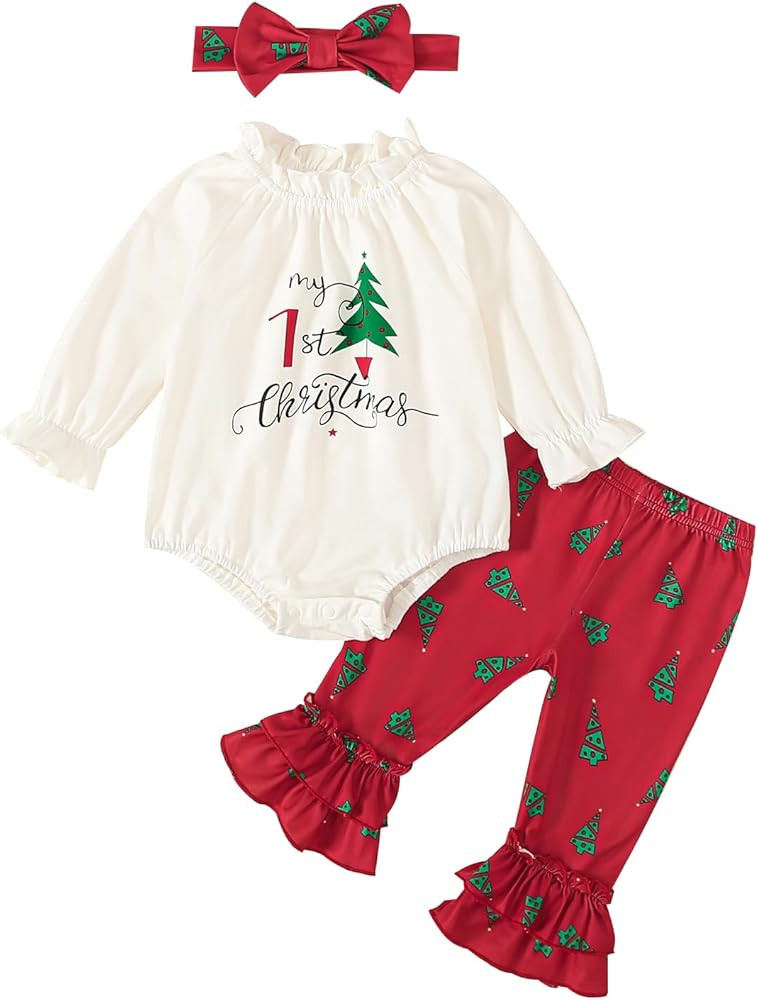 Newborn Baby Girl My First Christmas Outfits Letter Tree Print Pleated Ruffle Romper Flared Pants... | Amazon (US)