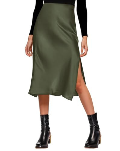 Amy Babe Womens Satin Silk High Waist Slit Midi Skirt Elastic Waistband Midi Skirts for Women Olive | Amazon (US)