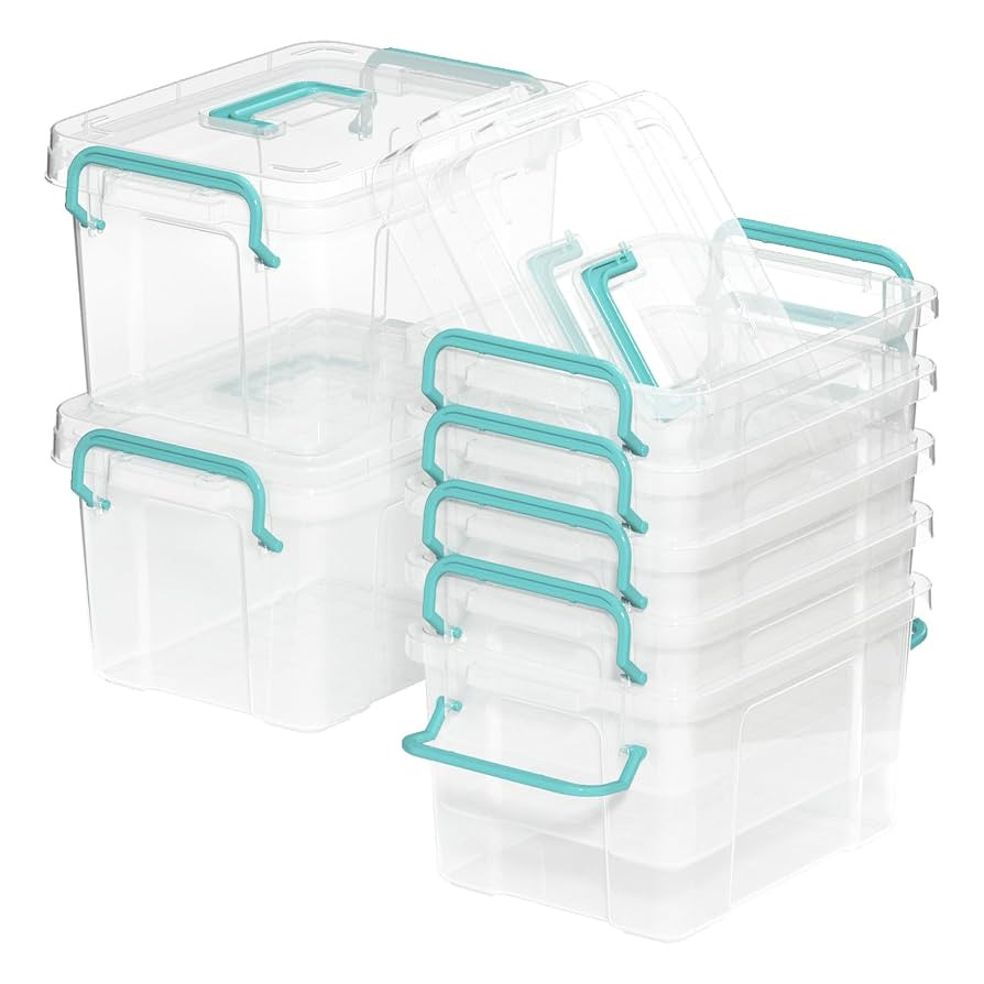 7 Pack Small Storage Bins Plastic Storage Container Stackable Box with Lids,with Handle Clear Pla... | Amazon (US)