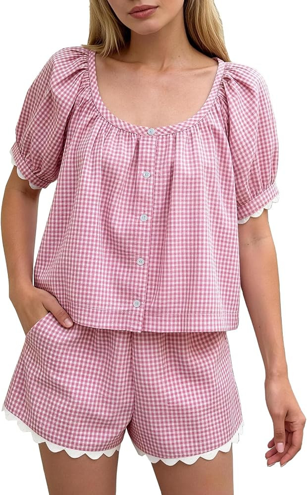 Womens Gingham Two Piece Sets Summer Matching Short Set Cotton Pjs Puff Sleeve Scalloped Hem Loungewear | Amazon (US)