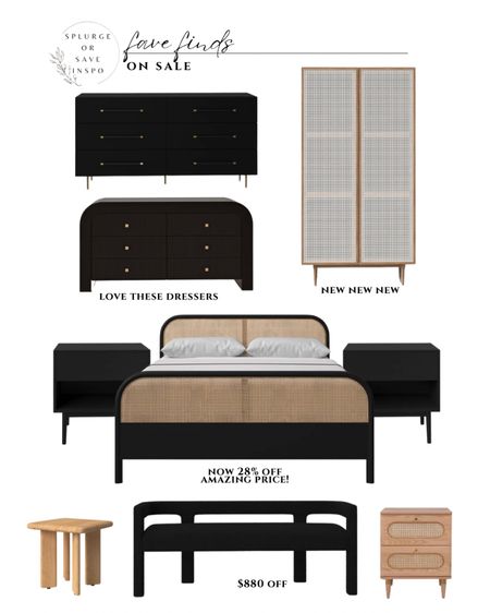 Bedroom furniture. Rattan bed. Rattan armoire. Modern bed. Black dresser modern. Black nightstand modern. White oak nightstand modern. Upholstered black bench. White oak side table. 

#LTKFind #LTKhome #LTKsalealert