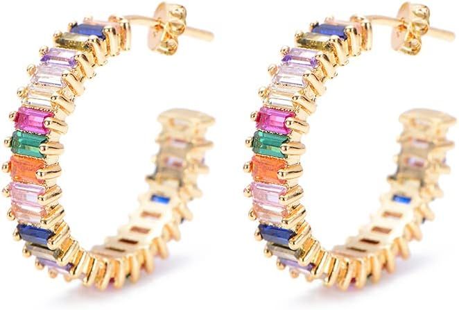 Savlano 14K Gold Plated Cubic Zirconia Multicolor Rainbow Round Hoop Stud Earrings for Women & Gi... | Amazon (US)
