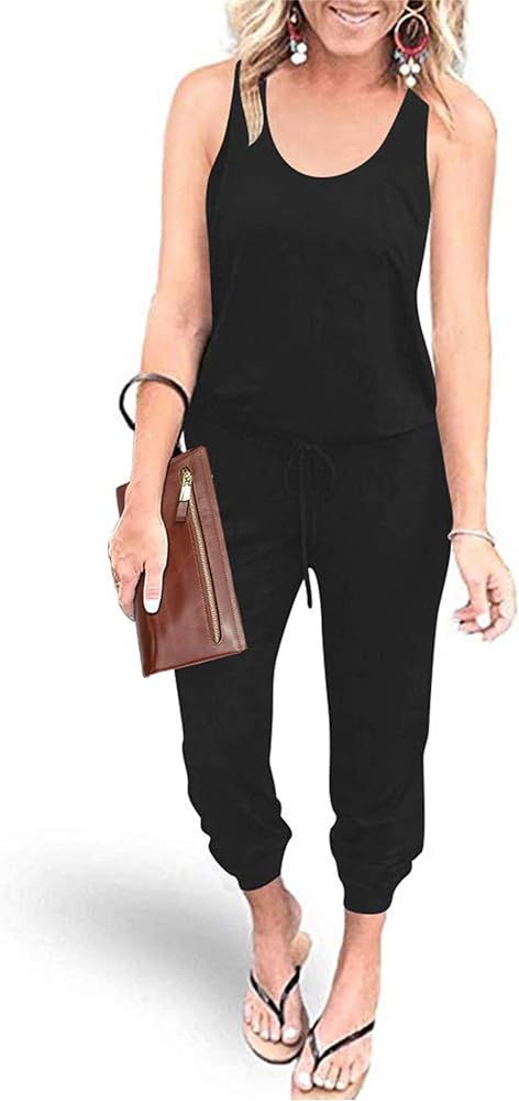 PRETTYGARDEN Womens Sleeveless Drawstring Elastic Waist Loose Jumpsuits | Amazon (US)