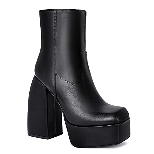 LVSEEMAN Womens Chunky Heel Ankle Boots Platform Block High Square Toe Side Zipper Design Punk Combat Motorcycle Boots Booties | Amazon (US)