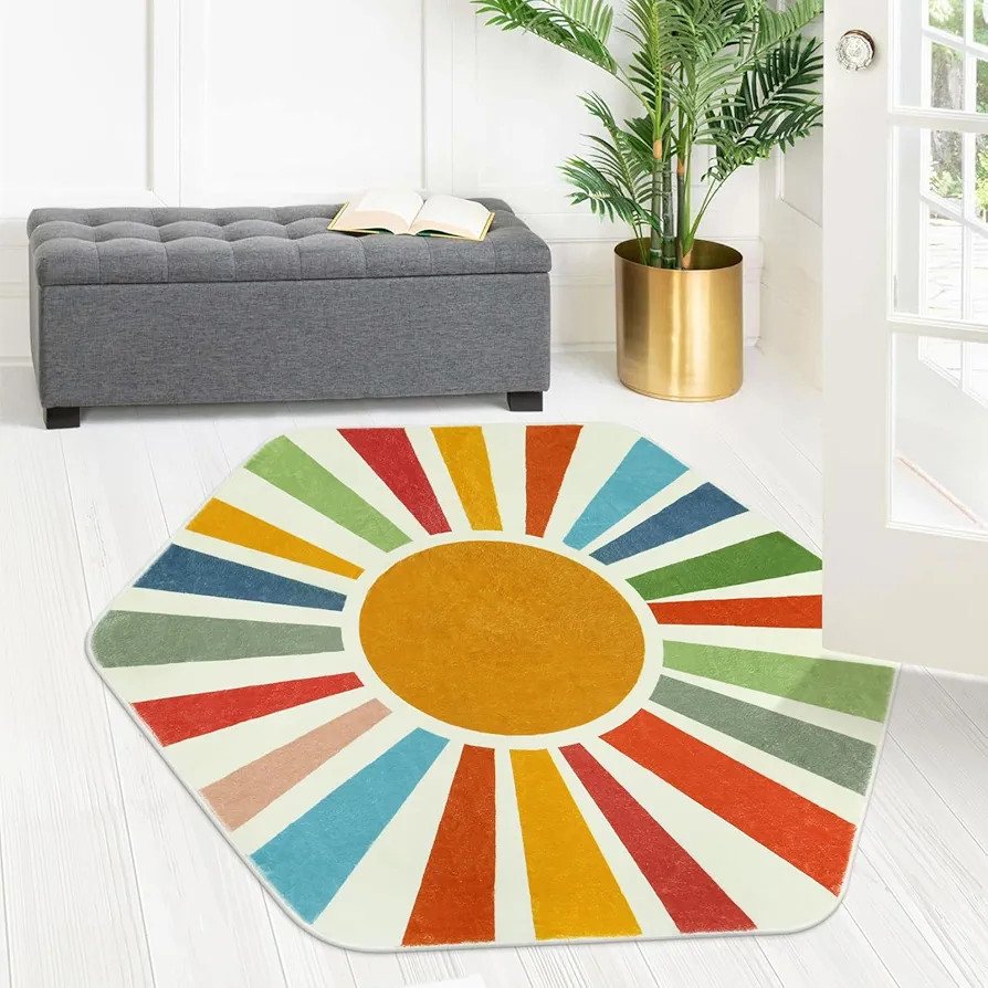 STARUIA Rainbow Machine Washable Rug for Playroom Kids Room, 4'x 4'7" Boho Sun for Girls Boys, No... | Amazon (US)