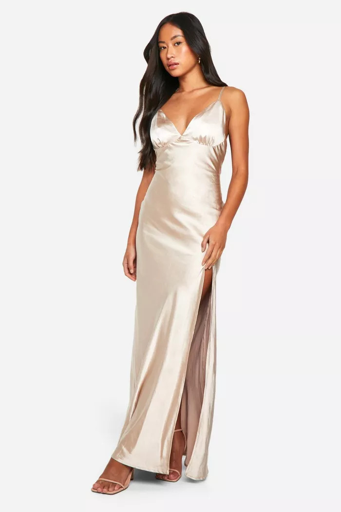 Bridesmaid Satin Strappy Maxi Dress | boohoo (US & Canada)