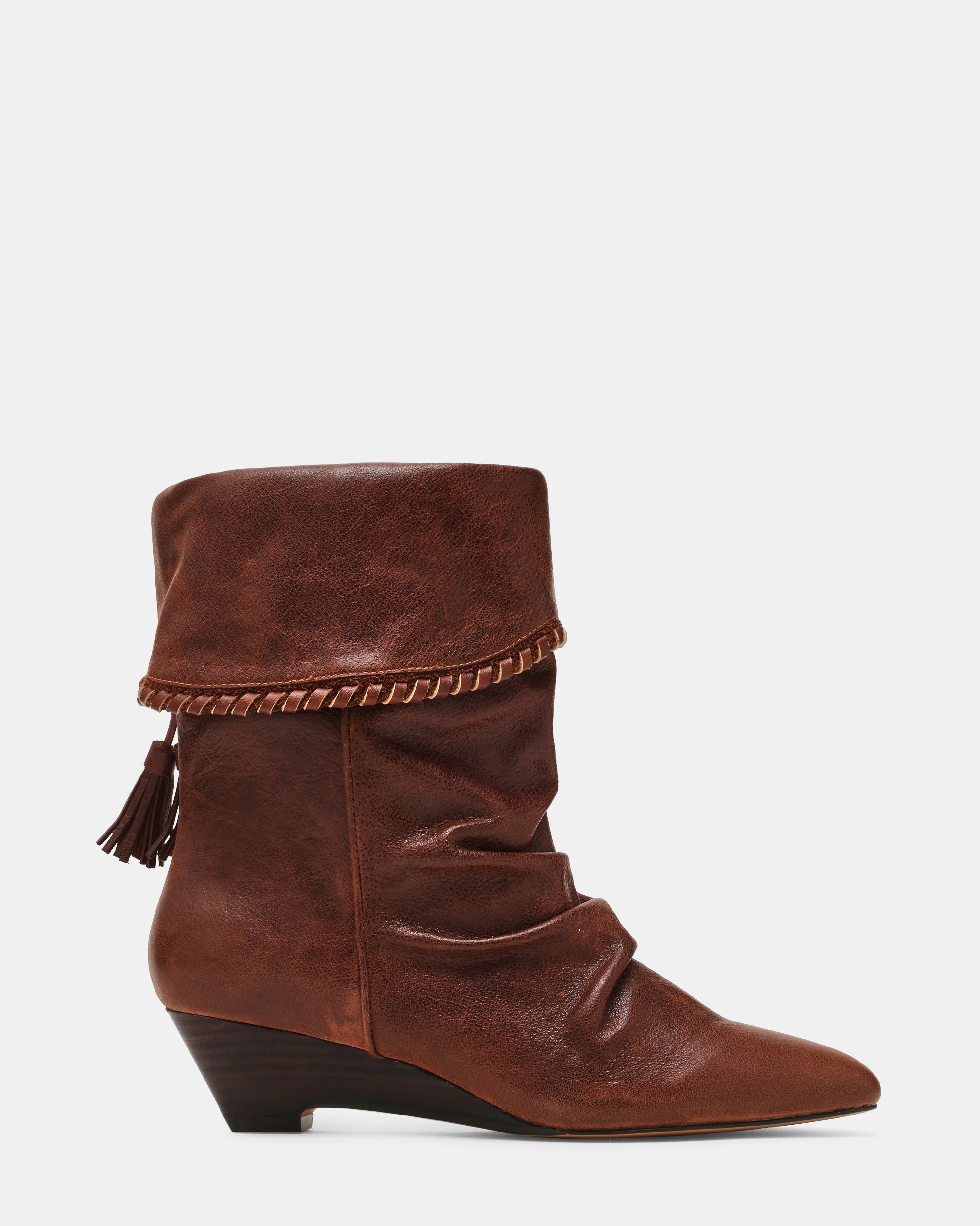 ENAYA Brown Leather Tassel Ruched Pointed-Toe Wedge Women's Boot | Steve Madden (US)