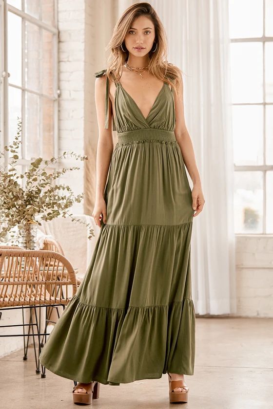My Heart Goes Olive Green Tie-Strap Maxi Dress | Lulus (US)