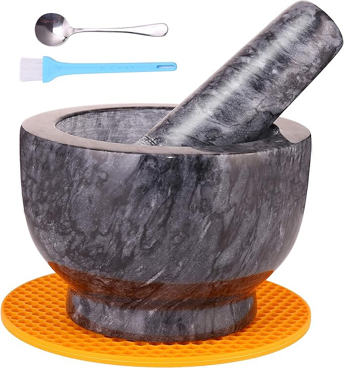 Mortar and Pestle Set, Guacamole Bowl Polished Natural Marble Stone, Grinder and Crusher, with Si... | Amazon (US)