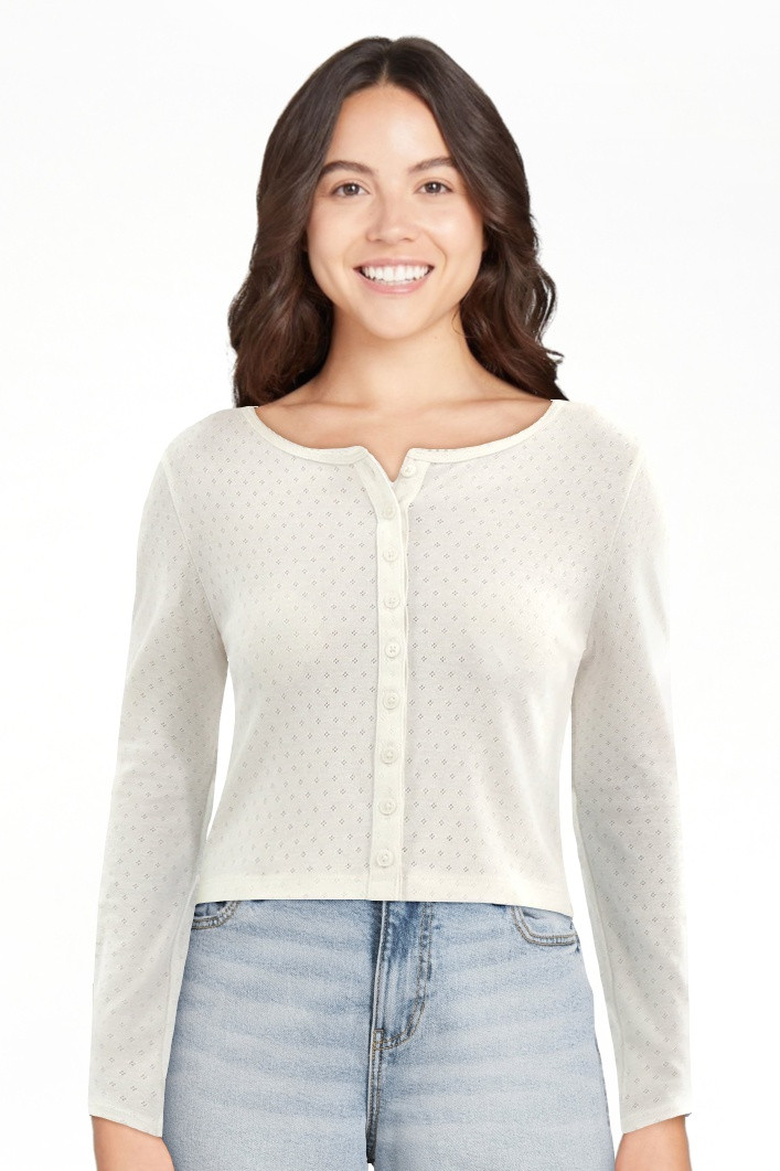 No Boundaries Button-Front Pointelle Cardigan with Long Sleeves, Women's | Walmart (US)