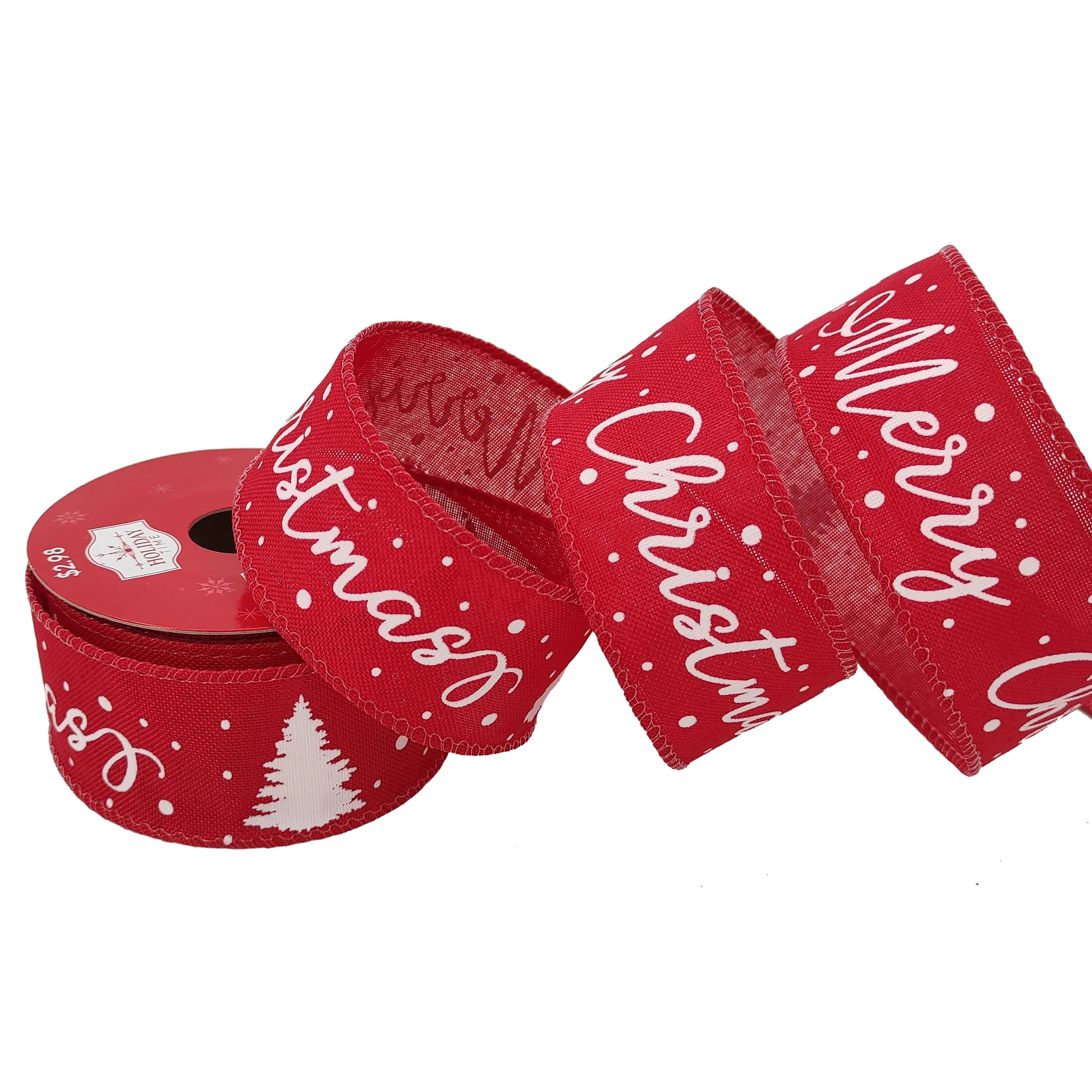 Wired Edge Gift Wrap Fabric Ribbon, Red Linen with White Words and Tree, 1.5 in x 15 ft, by Holid... | Walmart (US)