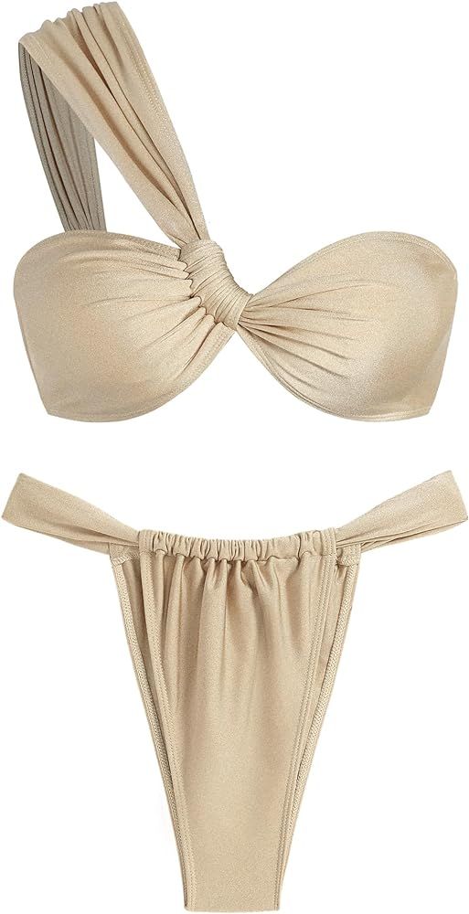 ZAFUL Women's One Shoulder Bikini Twisted Ruched High Cut Bandeau Bikini Set Two Piece Swimsuit | Amazon (US)