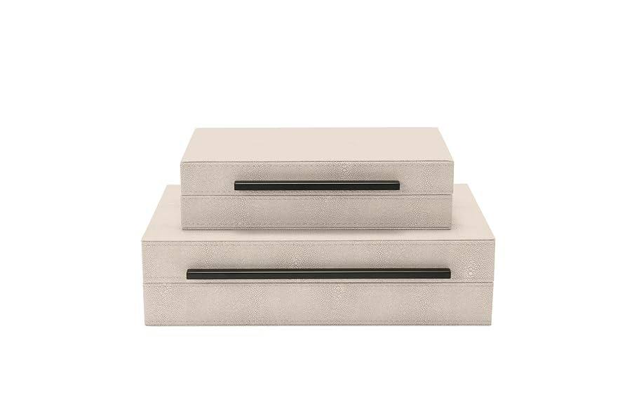 Generic Sagala Set of 2 Ivory Shagreen Decorative Boxes With Black Metal Handles, Faux Leather Je... | Amazon (US)