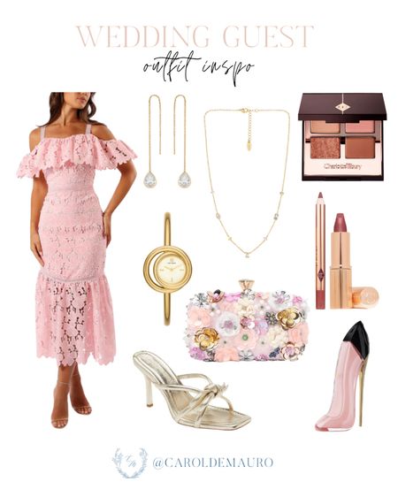 Celebrate love in a chic way as a wedding guest in this feminine pink off-shoulder lace midi dress! Pair it with bowknot heeled sandals, dainty gold accessories, flowery clutch, and you're good to go! 
#springfashion #partydress #formalwear #outfitidea

#LTKStyleTip #LTKShoeCrush #LTKSeasonal