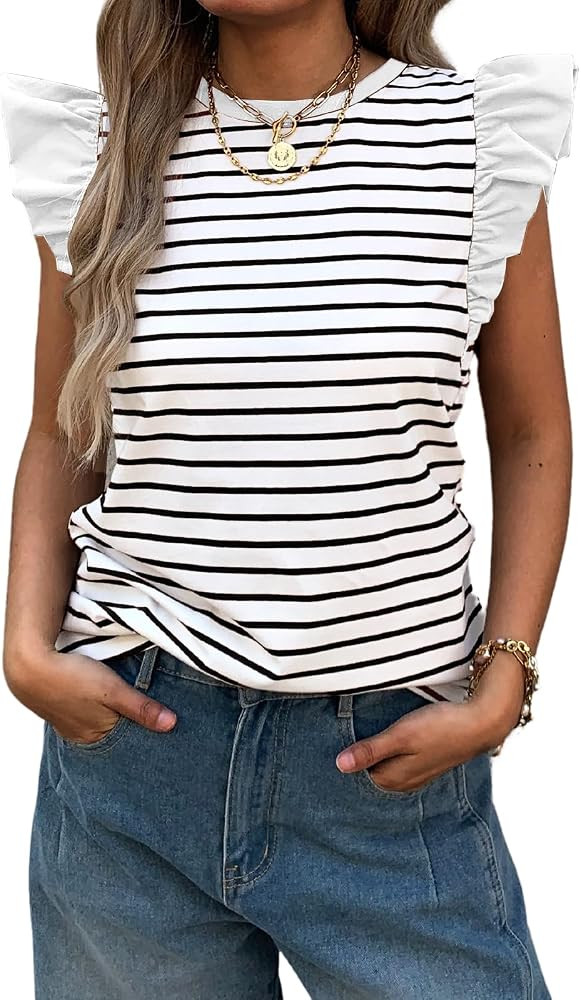 Mieazom Women's Ruffle Cap Short Sleeve Striped T Shirts Summer Casual Loose Fit Top Basic Tee Tu... | Amazon (US)