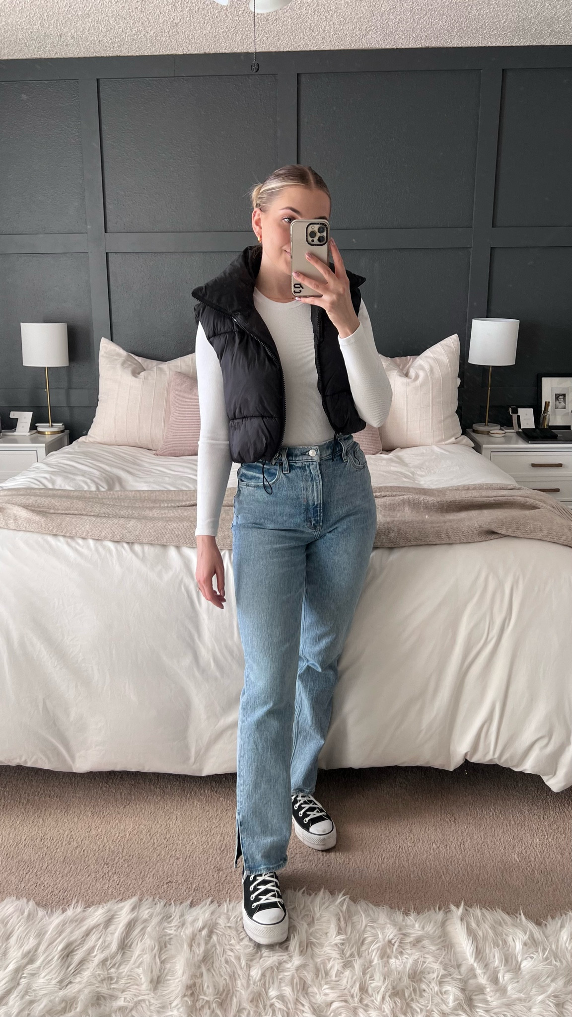 simple winter outfit 🖤 cropped puffer vest, black vest, straight leg pants, 90s jeans, Abercrombie wide leg jeans, white bodysuit, white long sleeve shirt, platform chucks, black platform converse, trendy outfit ideas 

#LTKsalealert #LTKFind #LTKstyletip